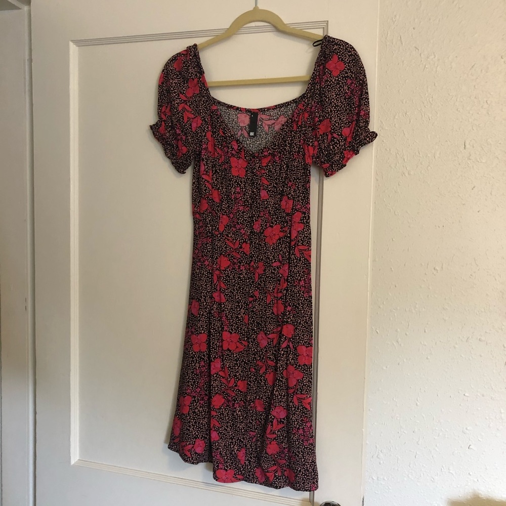 Hot Pink + Black Floral Dress / XS